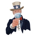Concept of authority and patriotism in the face of Covid-19, with the symbol of Uncle Sam wearing a surgical mask.