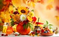 Concept of autumn festive decoration for Thanksgiving day or Halloween. Autumn bouquet of beautiful flowers and berries in a Royalty Free Stock Photo