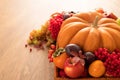 The concept of the autumn harvest of pumpkin vegetables, fruits and berries. Festive autumn decor of pumpkins Royalty Free Stock Photo