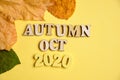 The concept of autumn - October in the new year. Wooden numbers 2020 with letters, leaves on a yellow background. Top view