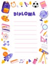 Concept Of Back To School And Awards Ceremony. Beautiful Colorful School Or Preschool Diploma Template With Place For