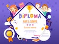 Concept Of Back To School And Awards Ceremony. Beautiful School Preschool Diploma Template With Two Smiling Happy Boy