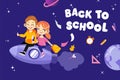 Concept Of Back To School. Kids Hurrying To Study In New Academic Year. Happy Classmates Boy And Girl Flying On Rocket