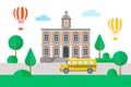 Concept Back to school, school bus, city landscape, hot air balloons over the school building Royalty Free Stock Photo