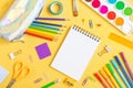 Concept back to school. School stationery flat lay