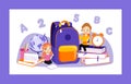 Concept Of Back To School. Set Of Kids Ready To Study In New Academic Year. Happy Classmates Boy And Girl Sitting Near Royalty Free Stock Photo