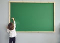 Concept back to school. Back view. Little schoolboy writes on a school board in a school class.