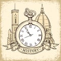 The concept of background about the history, architecture cathedral and Pocket Watch In Vintage Style.