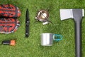 Concept background of objects for extreme hikes on green grass