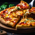 Concept of baked restaurant italian meal. Tasty slice of hot pizza. Generative AI Royalty Free Stock Photo