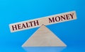 Concept of the balance of words HEALTH and MONEY on wooden scales