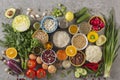 Concept balanced diet of fruits, vegetables, seeds, legumes, grains, cereals, herbs and spices. Products containing vitamins,