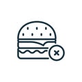 Concept of Ban Burger with Stop Sign Outline Icon. Unhealthy Forbidden Food Line Icon. Prohibition of Eating Here Linear