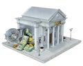 Concept of bank building with opened vault door and overfilled vault Royalty Free Stock Photo