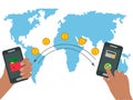 Concept of banking and online money transfers around the world. A hand holding a smartphone successfully transfers money Royalty Free Stock Photo