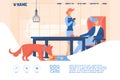 Concept banner good for dog friendly cafe or restaurant drawn with bright orange and blue. Puppy eating from bowl, waiter takes