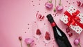 Concept for banner,greeting card for Valentine`s day.Bottle of champagne wine,glasses with glittering confetti in shape of heart, Royalty Free Stock Photo