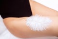 Concept banner hair laser removal and sugar epilation care. Closeup of woman legs with beautiful smooth skin with white Royalty Free Stock Photo