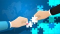 Concept banner for teamwork in global logistics with hands and puzzle pieces on background of world map. Organization of cargo Royalty Free Stock Photo