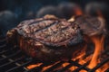 Barbecue party, juicy grilled meat, grilling steak on a fire grill. Generative AI