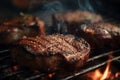 Barbecue party, juicy grilled meat, grilling steak on a fire grill. Generative AI