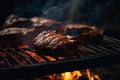 Barbecue party, juicy grilled meat, grilling steak on a fire grill. Generative AI