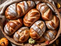 A Basket Of Breads With A Pumpkin In The Background. Generative AI