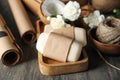 Concept of bath and skin care accessories - soap Royalty Free Stock Photo