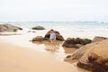 Five-year-old girl playing on the sandy beach of the sea