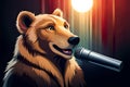 Bear Making People Laugh On Stage, Standup Show. A Bear With Microphone In A Hard Hard Telling Jokes At A Comedy . Generative AI