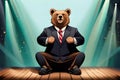 Bear Making People Laugh On Stage, Standup Show. A Bear With Microphone In A Hard Hard Telling Jokes At A Comedy . Generative AI