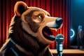 Bear Making People Laugh On Stage, Standup Show. A Bear With Microphone In A Hard Hard Telling Jokes At A Comedy . Generative AI