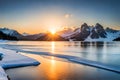 Beautiful Lake Sunrise Panorama. Generative AI