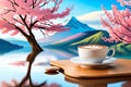 Beautiful Romance A Cup Of Latte Coffee Or Chocolate Serve With Cherry Blossom Flower Branch, Spring Season And National Spring Fe