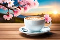 Beautiful Romance A Cup Of Latte Coffee Or Chocolate Serve With Cherry Blossom Flower Branch, Spring Season And National Spring Fe