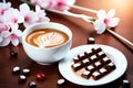 Beautiful Romance A Cup Of Latte Coffee Or Chocolate Serve With Cherry Blossom Flower Branch, Spring Season And National Spring Fe