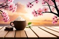 Beautiful Romance A Cup Of Latte Coffee Or Chocolate Serve With Cherry Blossom Flower Branch, Spring Season And National Spring Fe