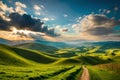 Beautiful Romanian Countryside Panorama, Sunny Afternoon, Springtime Mountains, Grassy Fields, Rolling Hills, Rural Scenery. Gener