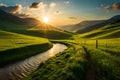 Beautiful Romanian Countryside Panorama, Sunny Afternoon, Springtime Mountains, Grassy Fields, Rolling Hills, Rural Scenery. Gener