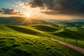 Beautiful Romanian Countryside Panorama, Sunny Afternoon, Springtime Mountains, Grassy Fields, Rolling Hills, Rural Scenery. Gener