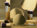 Concept of beauty and make-up. Professional brush for makeup, shiny golden shapes on the brown background.Empty space for design Royalty Free Stock Photo