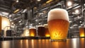 Beer Brewery Plant Produces Glass Bottled Beer On Production Line. Generative AI