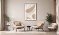 Beige Lounge Chair Against A Marble Wall With An Abstract Poster In A Minimalist Living Room. Generative AI