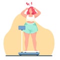 Concept of being overweight, fat girl scared that scale shows lot of weight. Feeling stressed unhealthy adult character