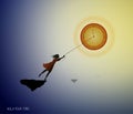 Concept of the best time memories, girl silhouette holding the clock like sun on the heavens sky,