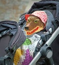 Big bad wolf ugly baby in buggy pram wearing bonnet cap hat teeth bed cot child children