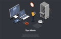 Concept Of Big Data Storage, Sys Admin. Server Room With Hardware Racks or Web Hosting Infrastructure. Male Character