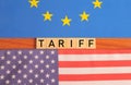 Concept of Bilateral relations and united states of america or USA tariff on EU or european union showing with flags Royalty Free Stock Photo