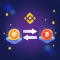 Concept of binance, exchange platform crypto, binance token with bitcoin token vector on dark background