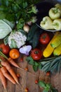 Concept bio organic food. Ingredients for healthy cooking. Vegetables and herbs on wooden background. Preparation of dishes from a Royalty Free Stock Photo